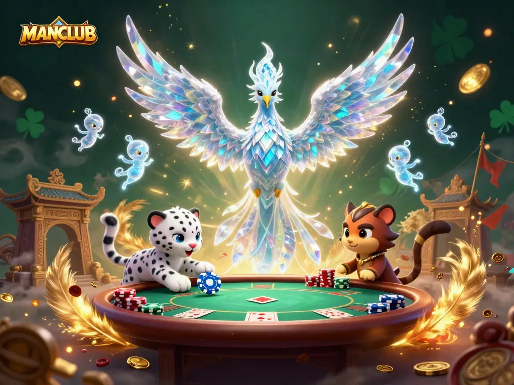 Engage in exciting gameplay at MANCLUB with a mesmerizing ice phoenix, poker chips, and enchanting visuals.