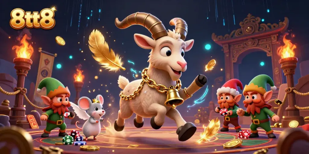 Experience the action of 8tt8 in a vibrant casino scene with Krampus and mischievous elves stealing poker chips.