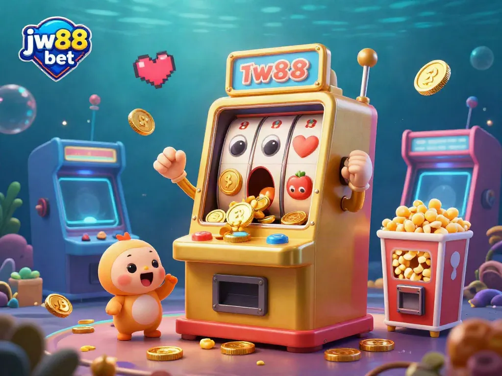 Experience the excitement of jw88 bet as a golden slot machine wins big, surrounded by games and coins.