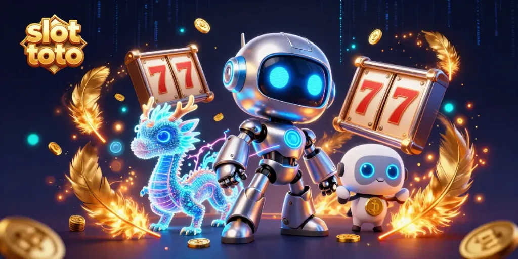Menang besar di slot toto dengan robot futuristik dan elemen kasino menarik.