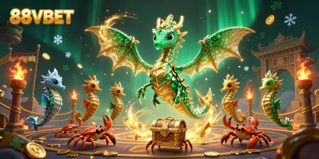 Experience the thrilling adventure at 88VBET with an elegant sea dragon amid rich casino elements.