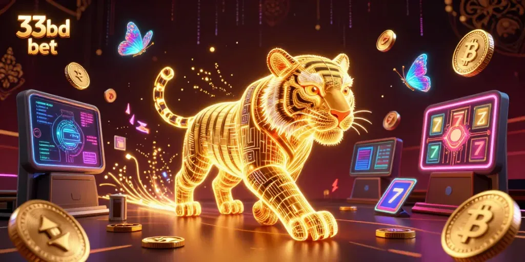 Engage with 33bd bet in a vibrant casino scene featuring a golden tiger and cryptocurrencies.