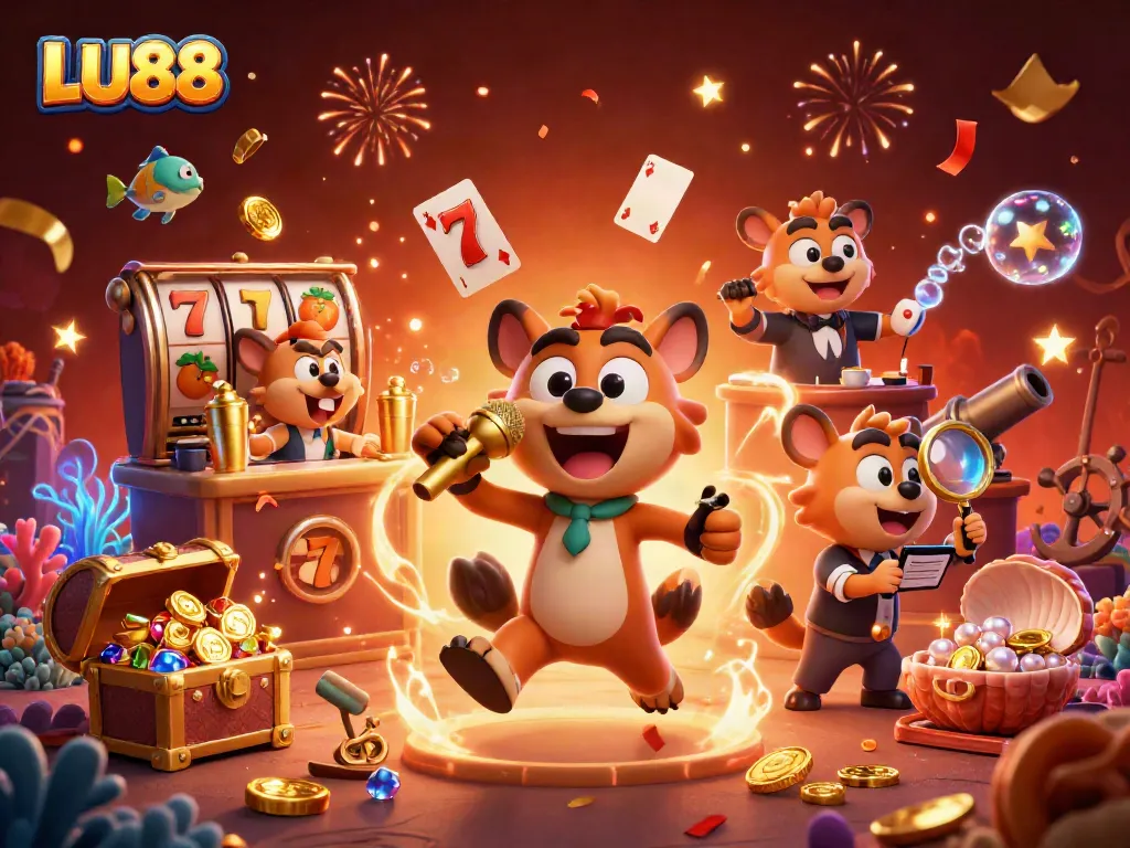 LU88 brings thrilling fun with a comedic casino scene highlighting fun characters and gaming excitement.
