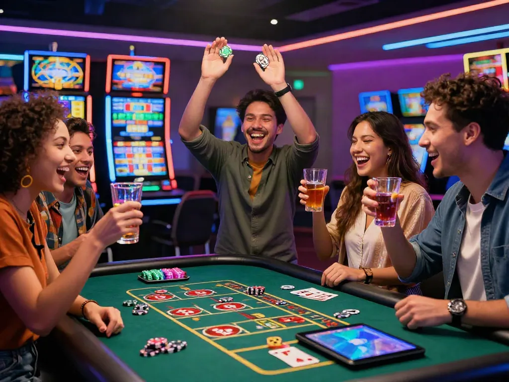 A lively gambling scene at lumbung88 casino with players celebrating a win around a roulette wheel.