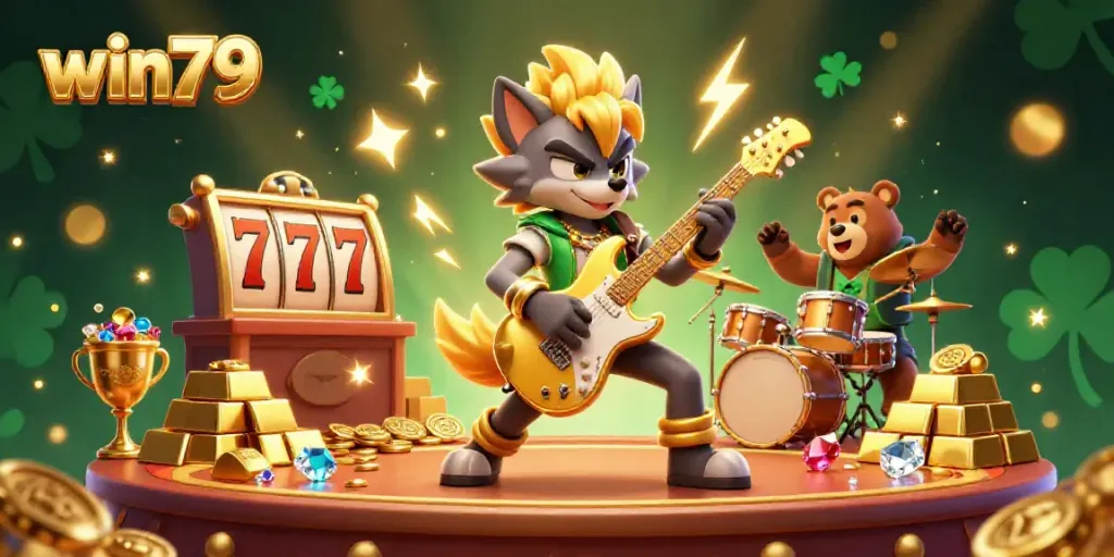 Join the excitement at win79 featuring vibrant 3D illustrations of slot machines and festive casino elements.