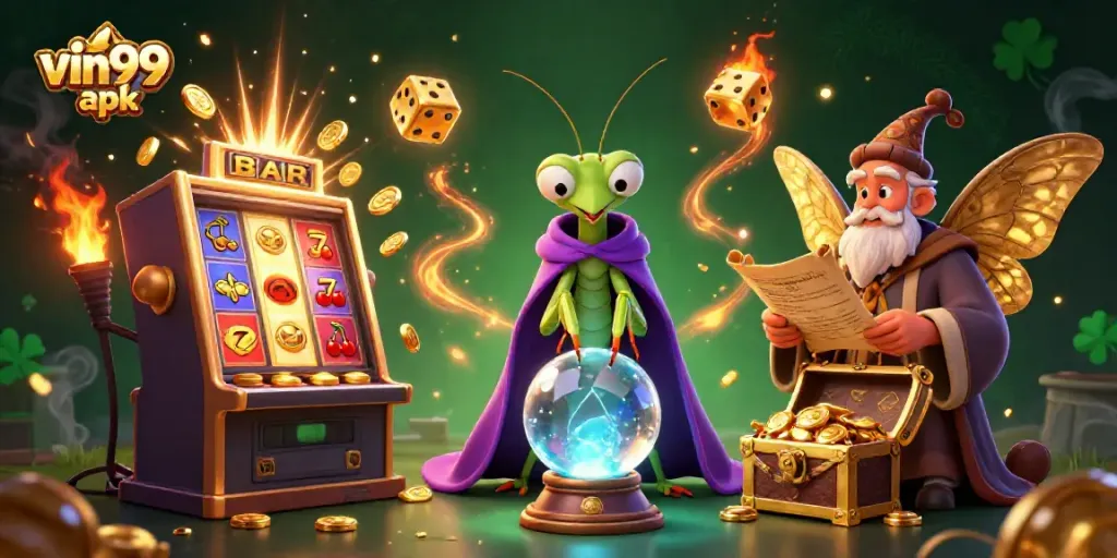 Experience the vin99 apk with a vibrant 3D illustration featuring a jackpot explosion and mystical characters.