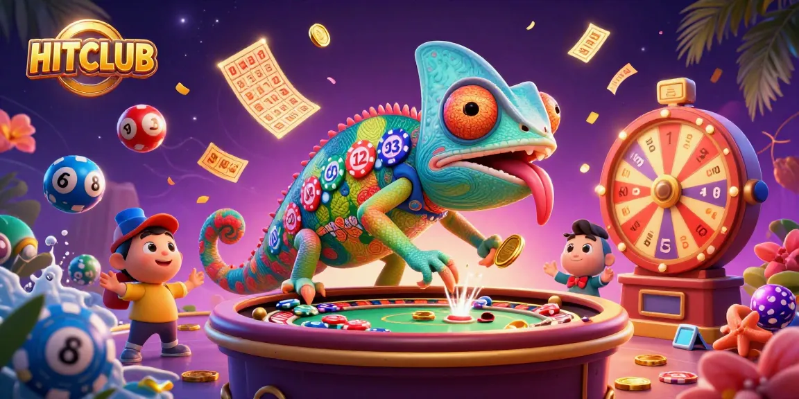 Experience HITCLUB's thrilling gameplay with a vibrant chameleon casino owner in a dynamic scene.