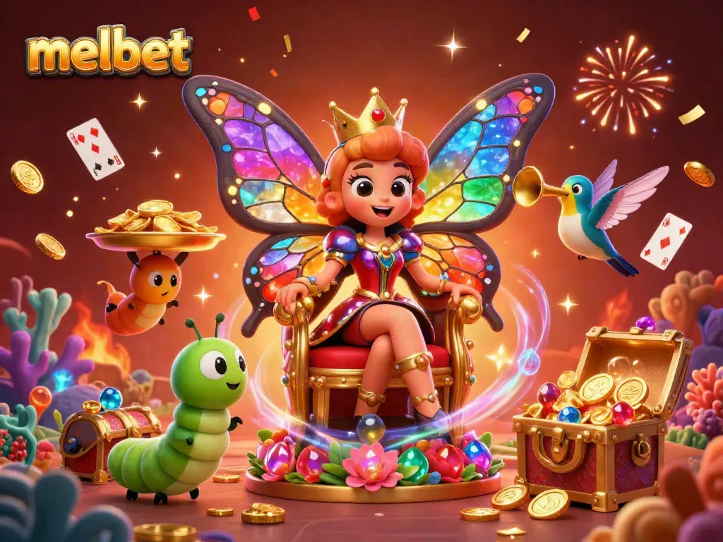Experience the vibrant casino scene with melbet featuring a butterfly queen, chips, and sparkling treasures.