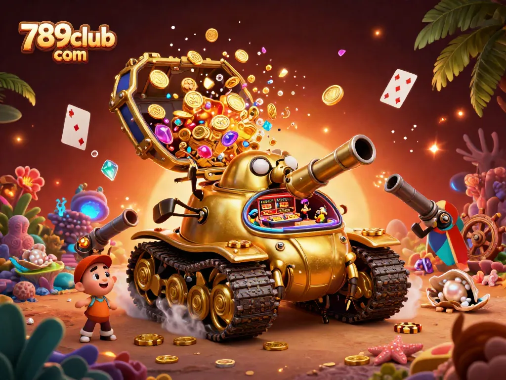 Experience the vibrant atmosphere of 789club com with a golden beetle tank casino bursting with confetti and treasures.