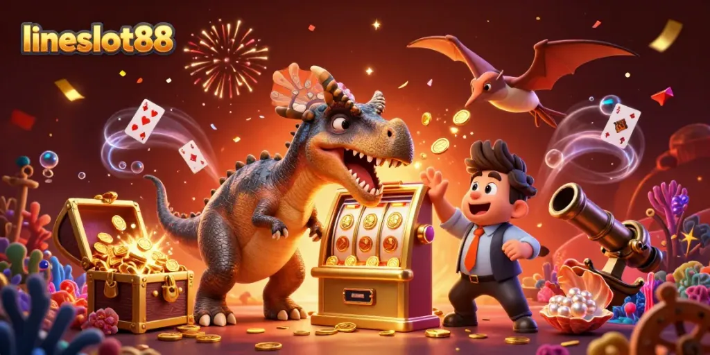 Celebrate big wins with lineslot88 as a dinosaur hits a jackpot and coins fly around in a vibrant casino scene.