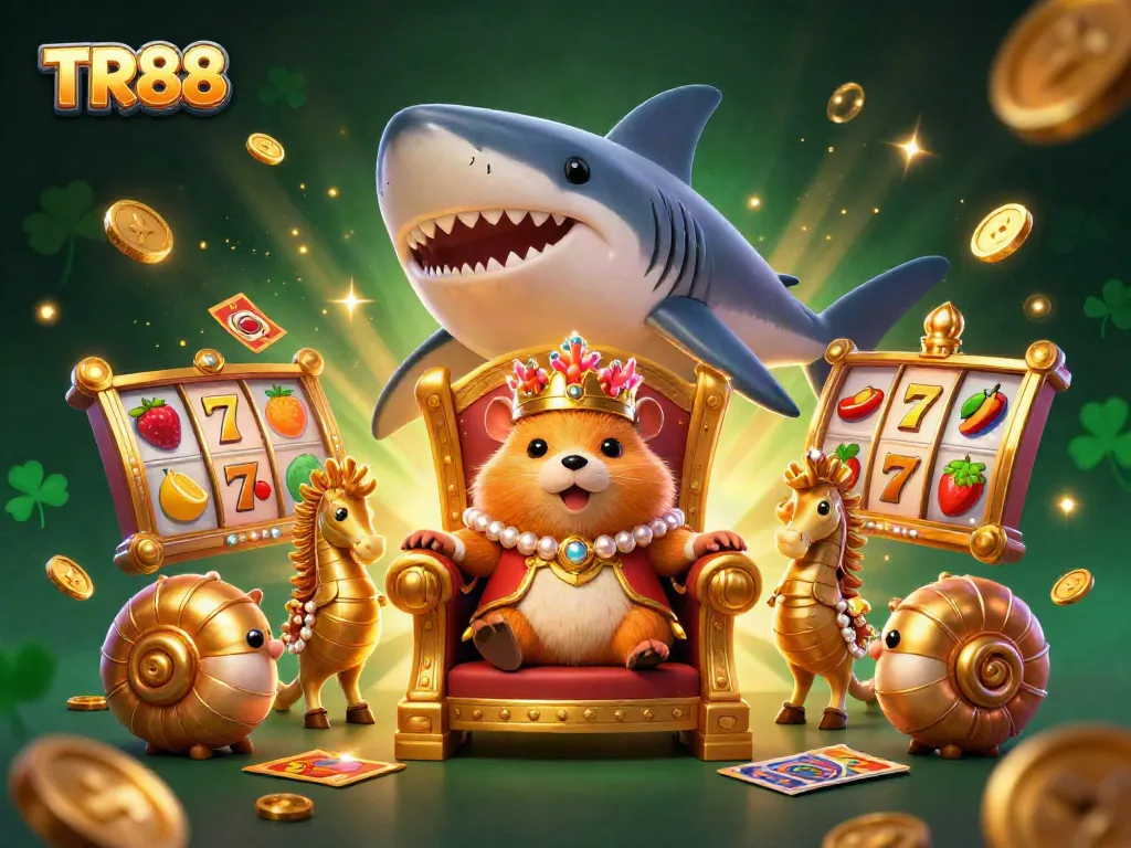 TR88 offers a vibrant gaming experience with a golden hamster king amidst slot reels and sparkling coins.