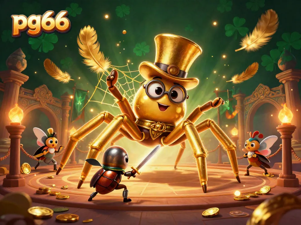 Immerse in pg66’s dynamic casino scene with a golden tarantula and knight battling among coins.