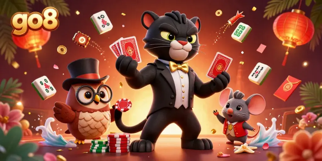 Engage with exciting gaming moments at go8 while observing stylish characters in a vibrant casino setting.