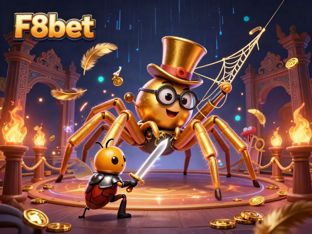 F8bet creates an enchanting casino scene with a charismatic golden tarantula and brave beetle knight.