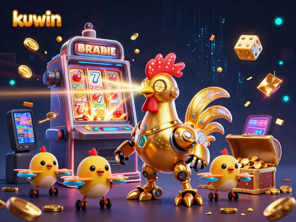 Experience excitement at Kuwin with a golden rooster robot amidst a jackpot explosion from a slot machine.