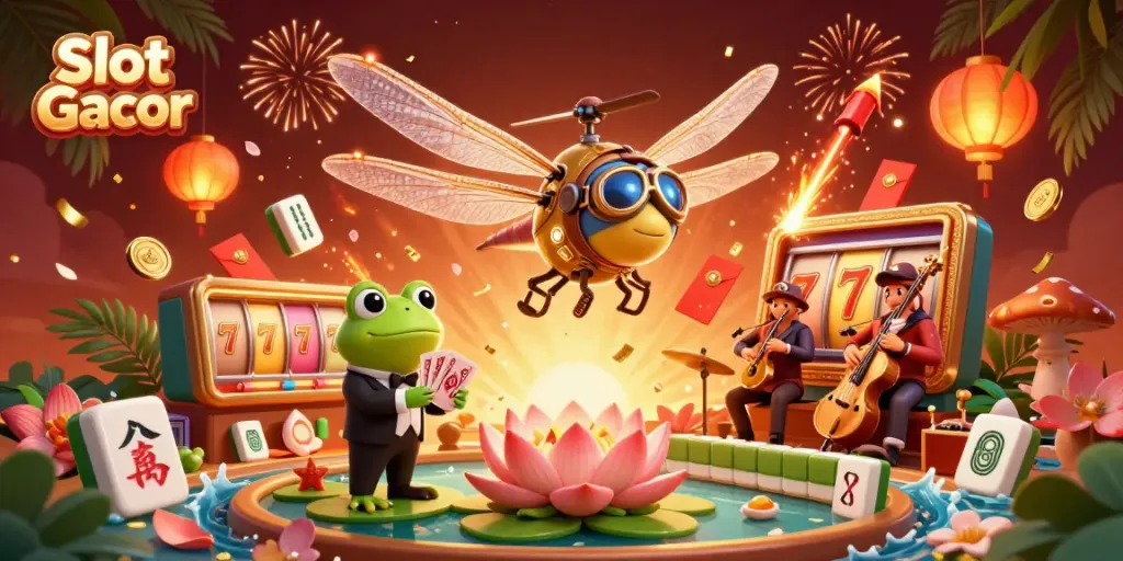 Experience Slot Gacor with a vibrant 3D casino scene showcasing a dragonfly pilot and frog croupier.