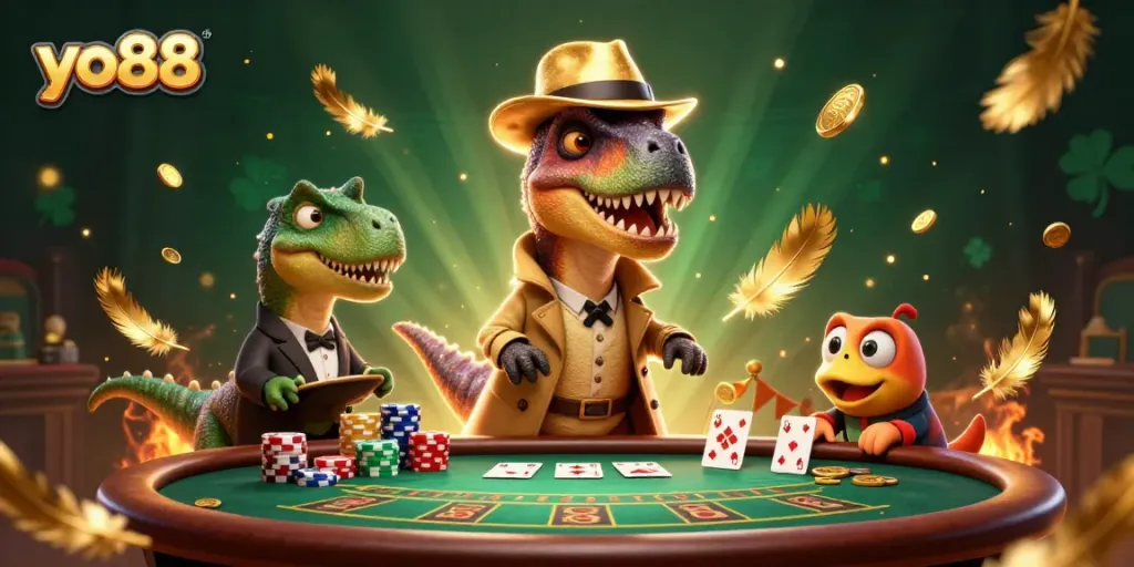Experience exciting gameplay at yo88 with a velociraptor card counter among gold coins and poker elements.