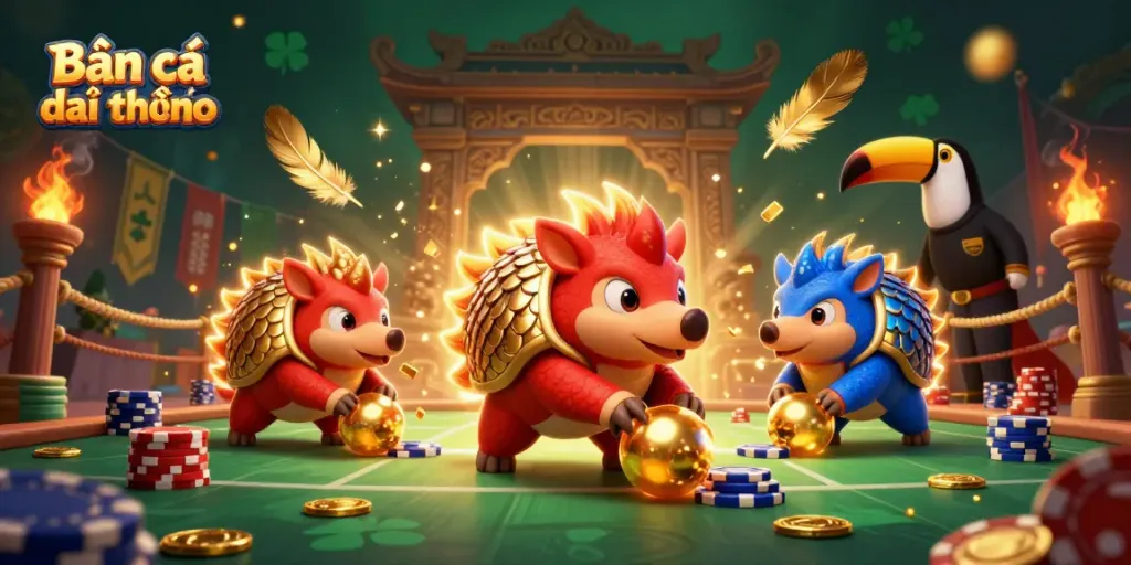 Engaging scene of Bắn cá đổi thưởng featuring rival pangolins and a toucan referee in a colorful underwater arena.