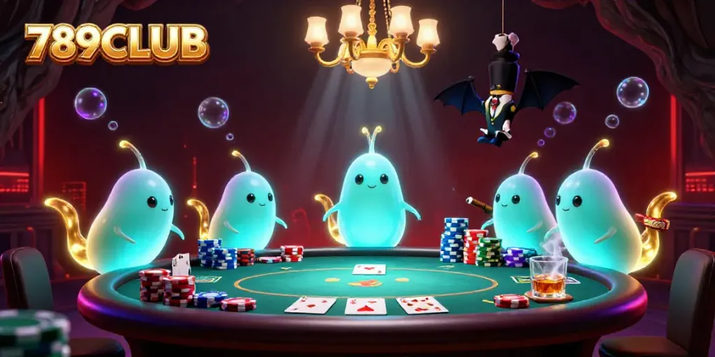 Engaging scene of bioluminescent glowworms in 789CLUB cave casino lighting a poker game.