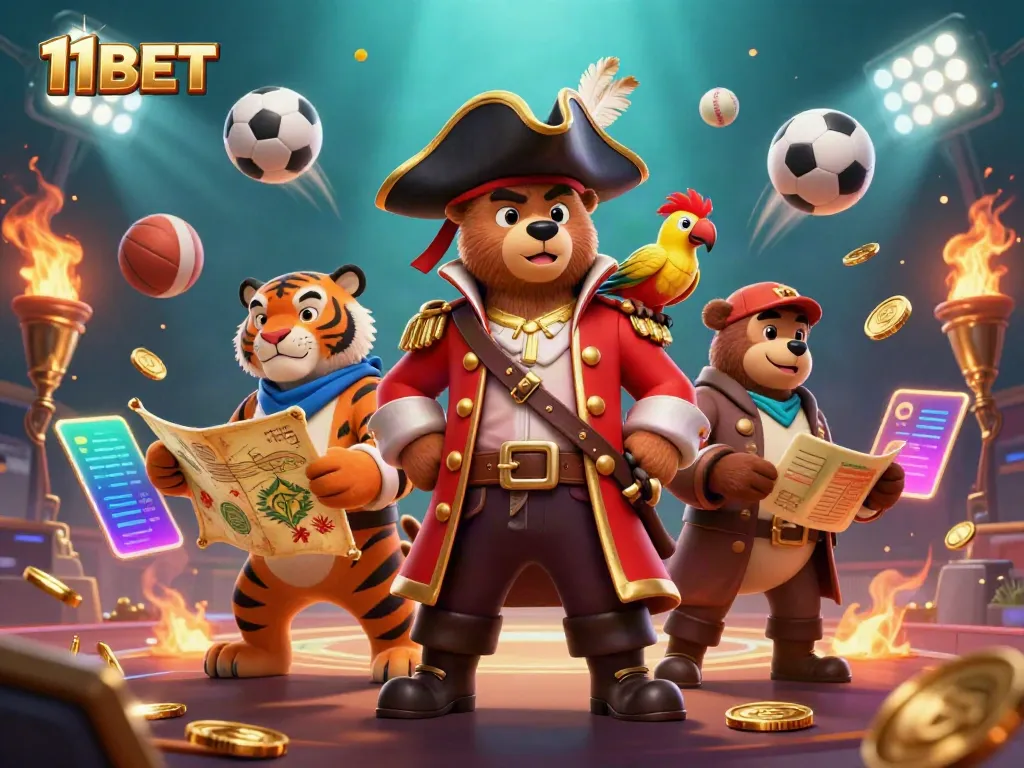 Join the action at 11BET with a vibrant pirate-themed illustration showcasing dynamic betting elements.