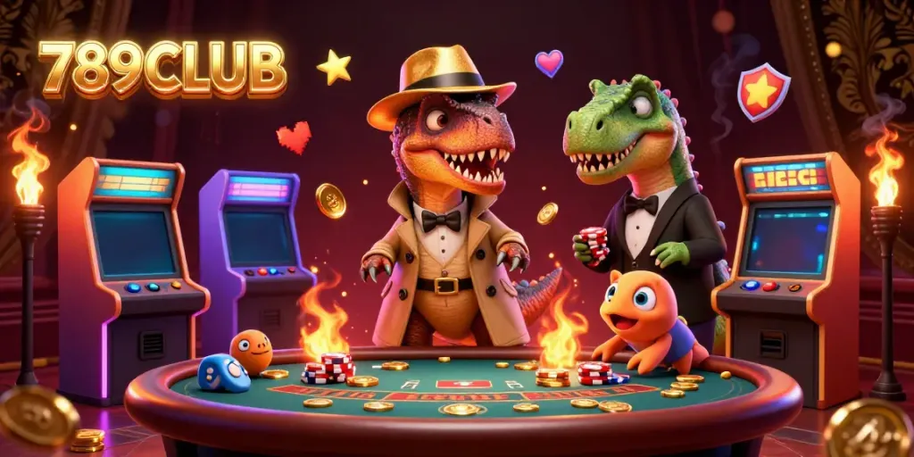 Engage with the vibrant 789CLUB casino scene featuring a velociraptor card counter, a stegosaurus pit boss, and a sneaky compy pickpocket.