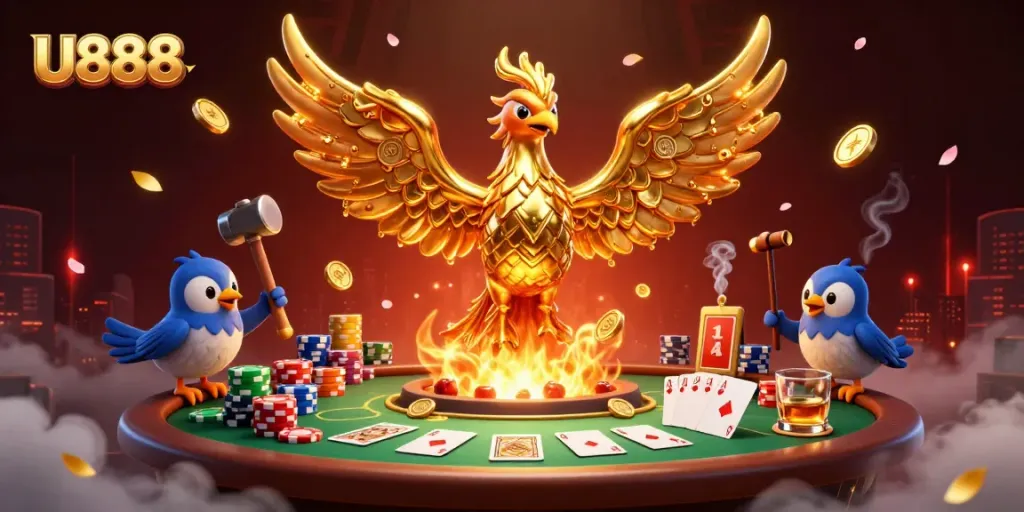Experience the vibrant gaming world of U888 with a golden phoenix emerging from a poker-themed scene.