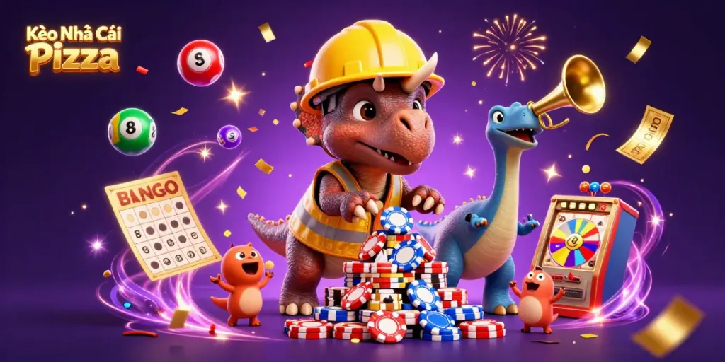 Kèo Nhà Cái Pizza showcases a festive casino scene featuring a triceratops celebrating with poker chips and lottery balls.