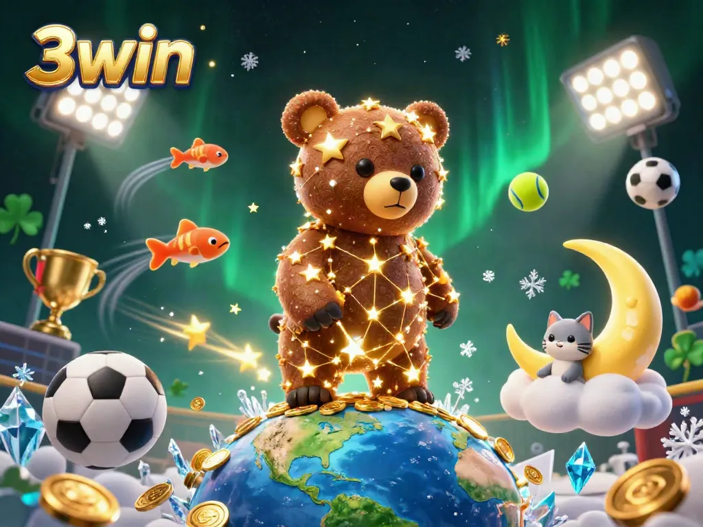 Engage in exciting gameplay with 3win, as golden stars and dynamic sports elements illuminate the night sky.