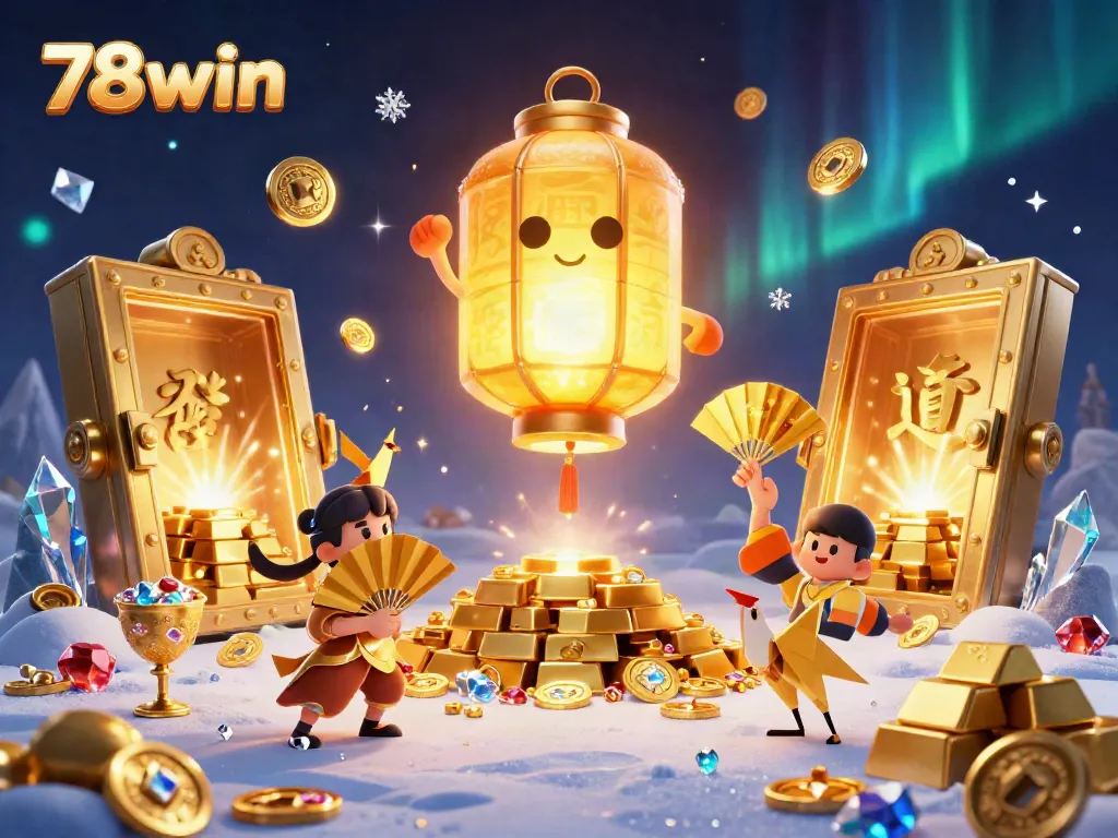 Explore the vibrant world of 78win with a dynamic 3D casino scene featuring lucky symbols and treasures.