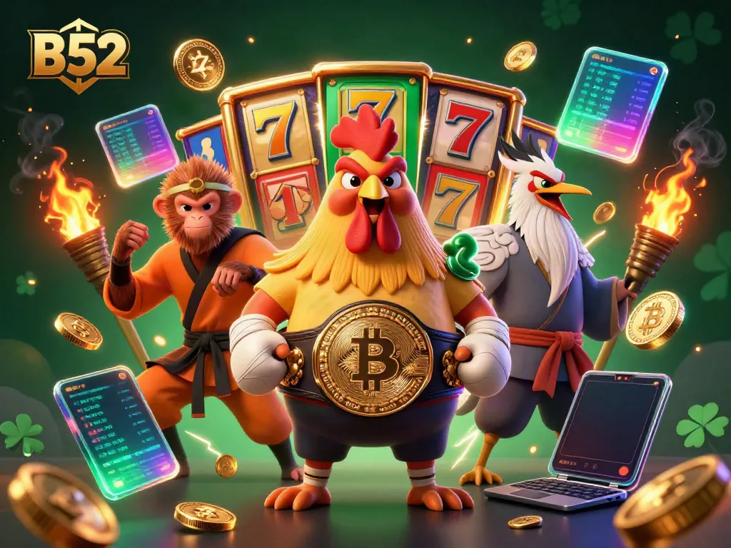 Experience thrilling B52 slots action as a Muay Thai rooster, Shaolin monkey, and wise crane master celebrate victories.