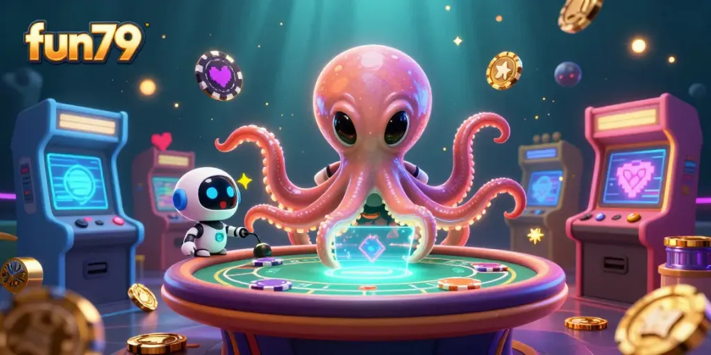 Experience fun79's engaging gaming world with the alien octopus dealing cards at a vibrant poker table.