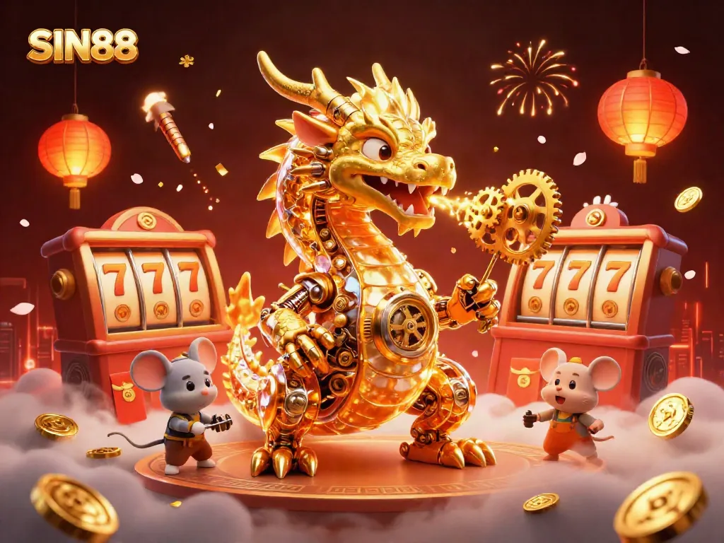 SIN88 showcases a golden dragon and engineer among slot reels, vibrant symbols, and festive elements in a rich casino scene.