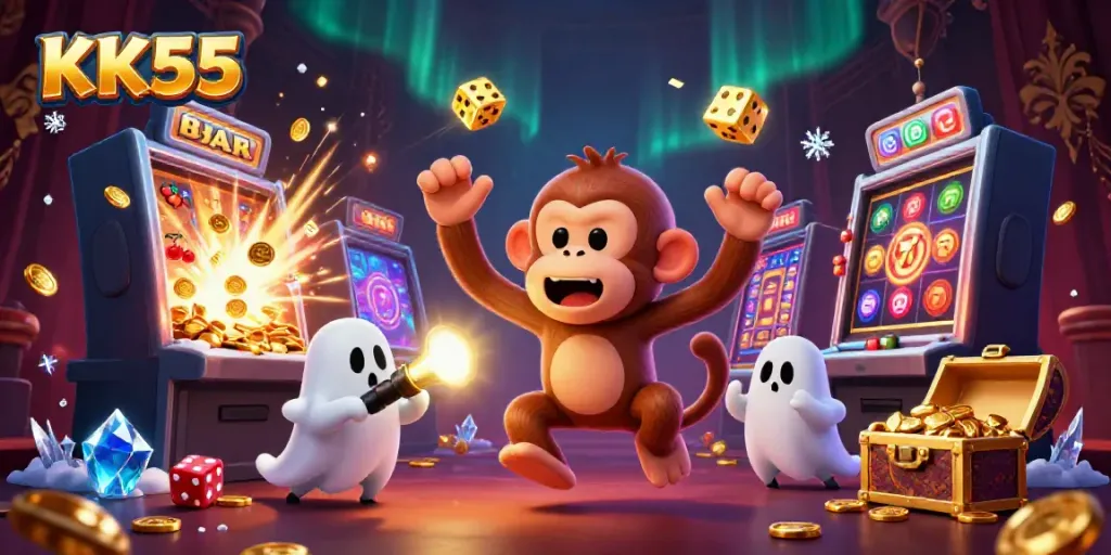 Experience online gaming at KK55 with a mischievous ghost-monkey juggling coins and a curious puppy explorer.