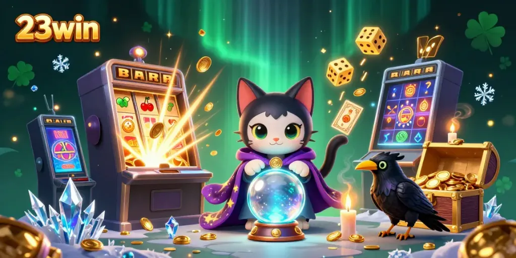 Engage with 23win’s vibrant casino-themed illustration showcasing a mystical scene with a fortune teller cat, raven, and slot machine.