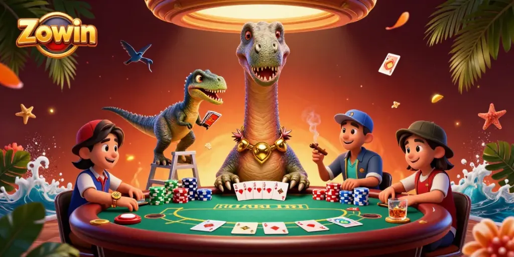 Zowin showcases a tall brontosaurus supervising a vibrant poker scene filled with excitement.