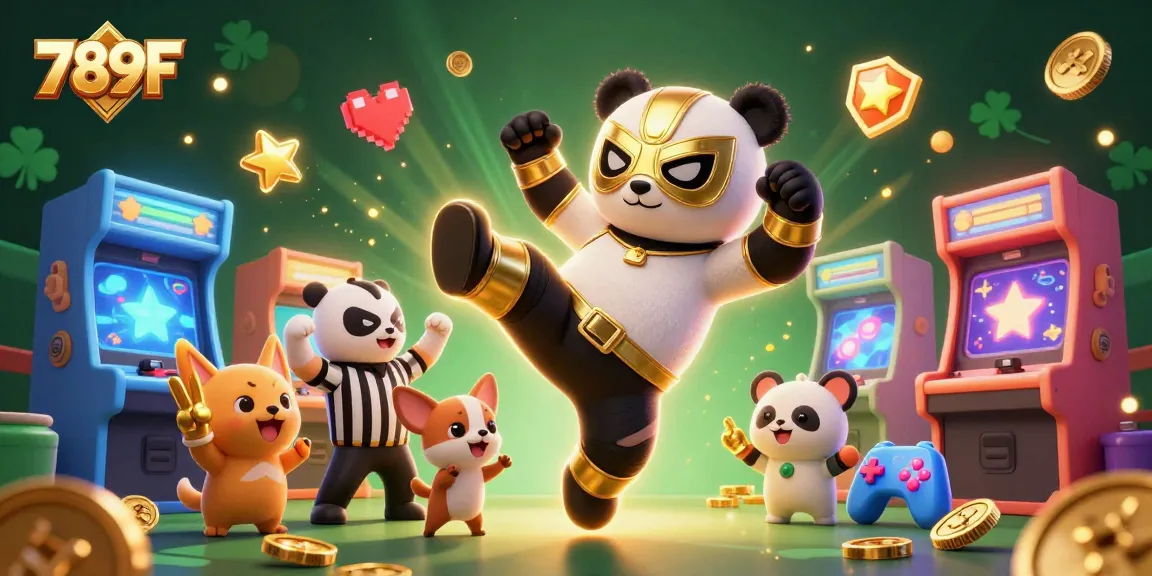 Experience thrilling gameplay with 789F, featuring a panda wrestler and a lively crowd.