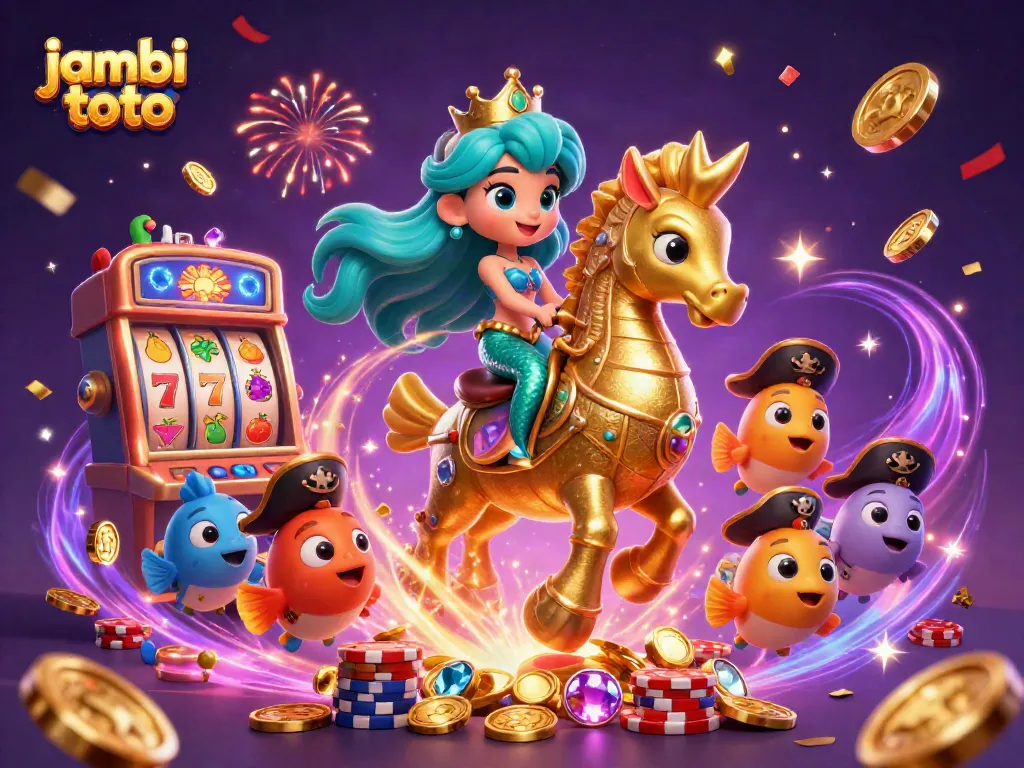 Experience the thrill of jambi toto with this vibrant casino-themed illustration featuring a mermaid and her seahorse companion!
