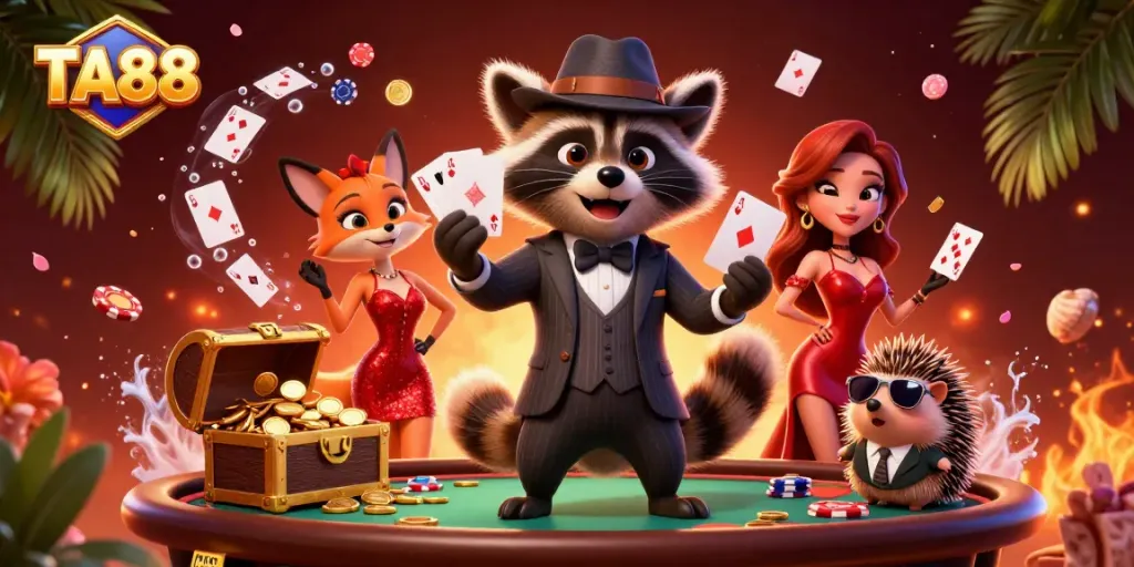 Experience the thrill of TA88 as a raccoon flaunts a royal flush surrounded by vibrant casino elements.