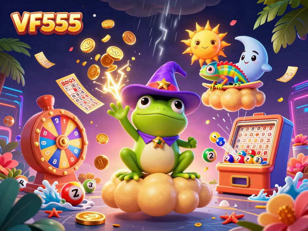 Engage with the excitement of VF555 as a lively wizard frog and chameleon celebrate gambling wins