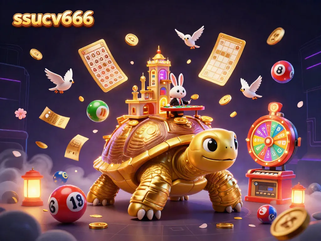 Experience the vibrant energy of ssucv666 with a stunning 3D casino-themed illustration featuring animated characters and game elements.
