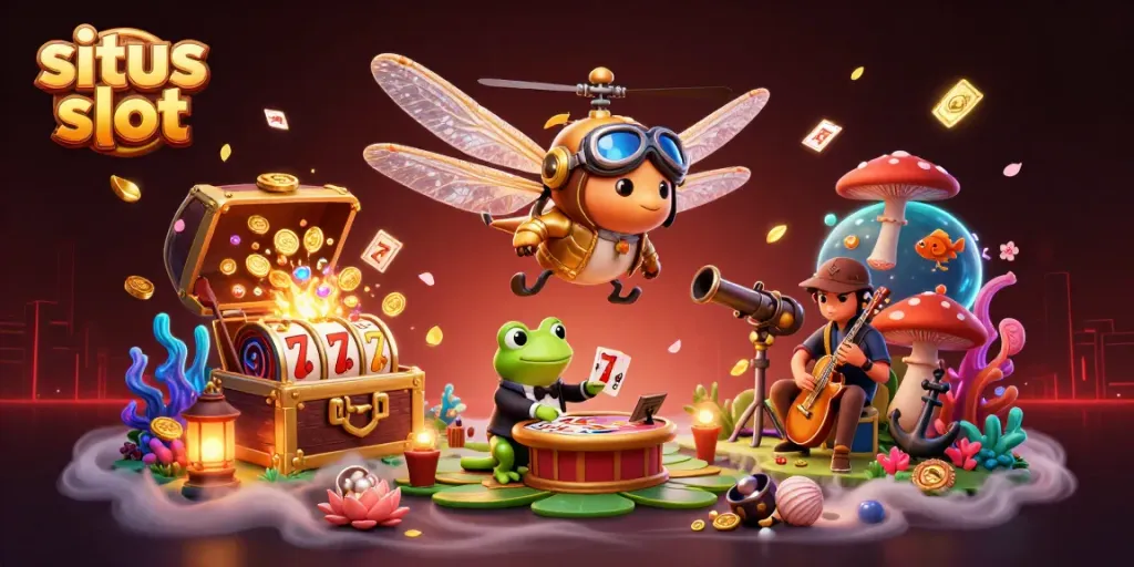 Witness situs slot gameplay with colorful slot reels and lively characters in an enchanting casino scene.