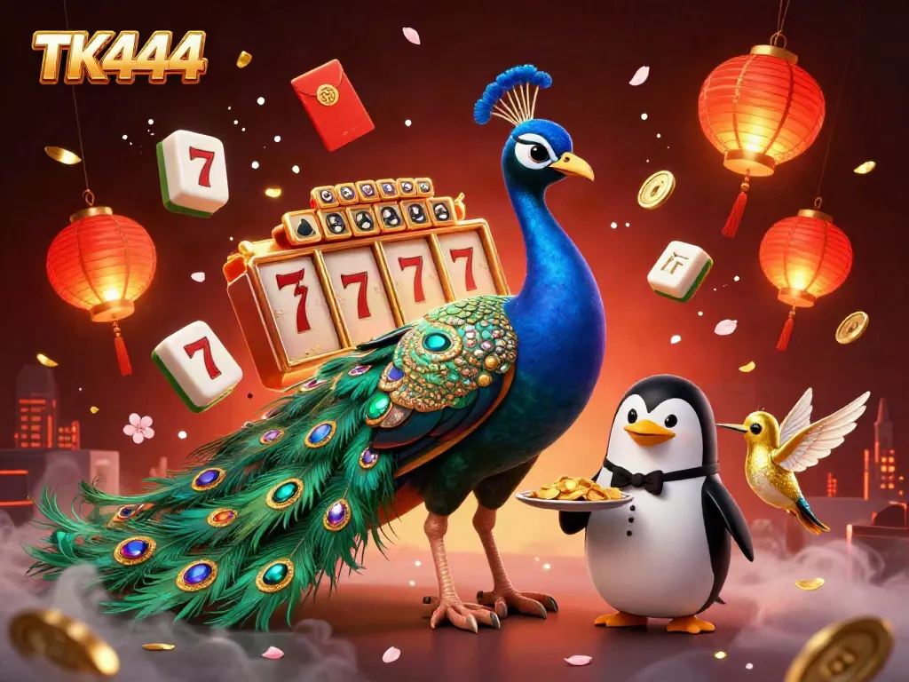 Experience the vibrant casino world of TK444 with a 3D peacock, butler penguin, and golden hummingbird within a dynamic illustration.