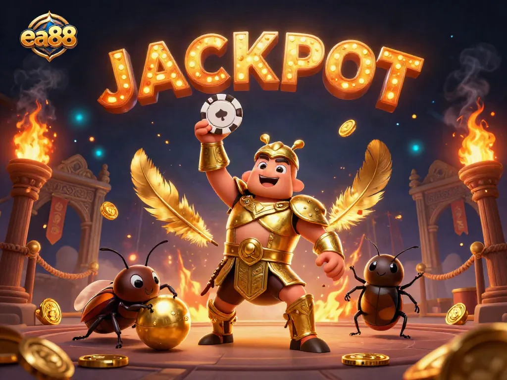 ea88 showcases a victorious beetle lifting a poker chip amid casino elements, celebrating gaming excitement.