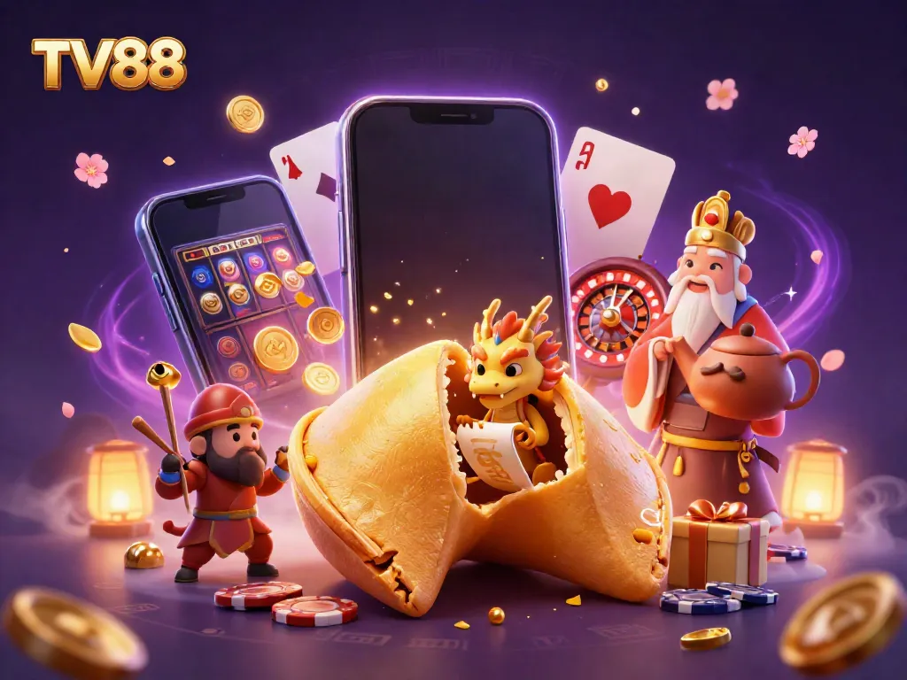 Engaging TV88 scene with golden cookie, dragon, and dynamic casino elements.