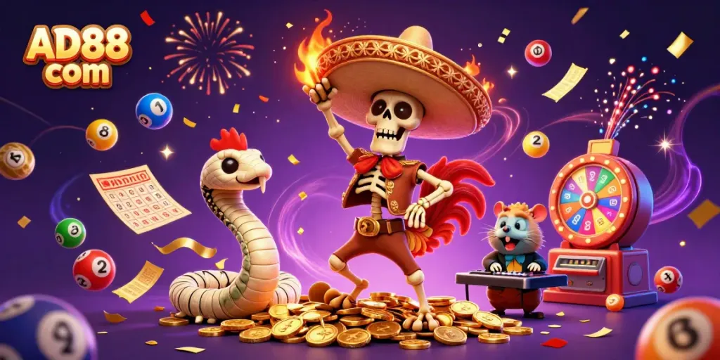 Celebrate wins at AD88 com with lively characters and vibrant gaming elements in a dynamic scene.