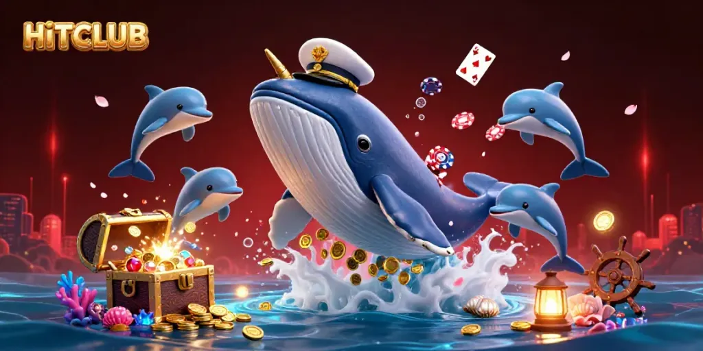 Join the HITCLUB adventure with a whimsical underwater scene where a whimsical whale brews through a treasure sea.