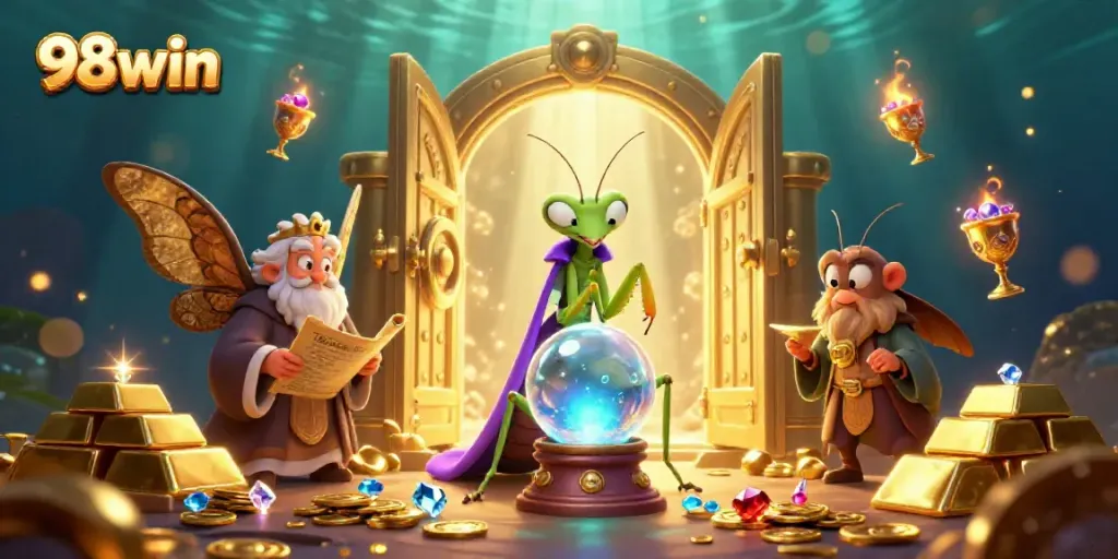 Engage with exciting treasures and games at 98win, featuring vibrant 3D characters in a mystical setting.