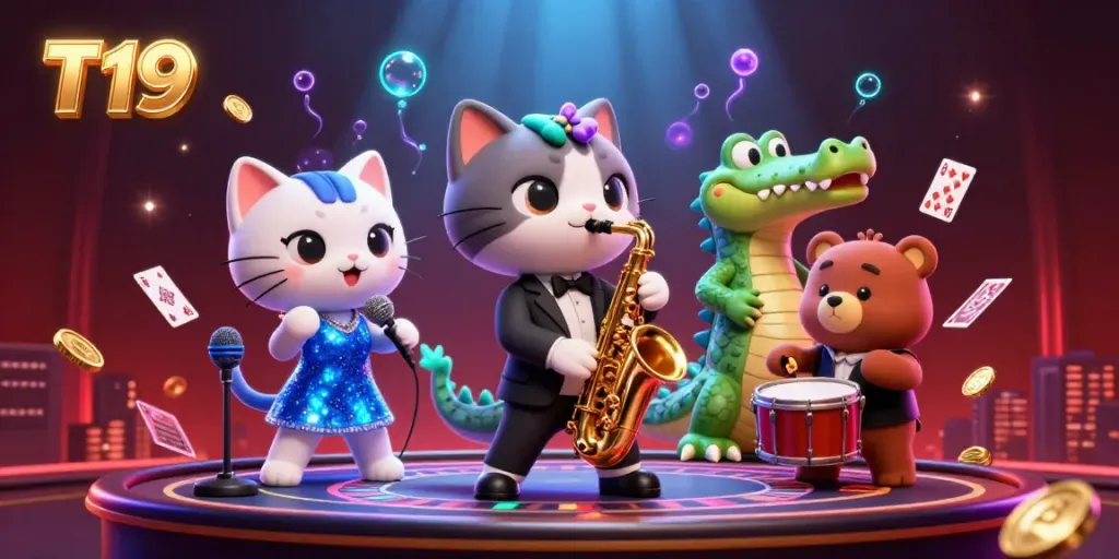 Engage with T19’s thrilling casino scene featuring vibrant characters and dynamic games.