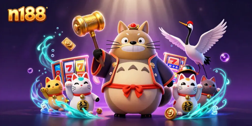 Experience the vibrant excitement of slots with N188's cheerful tanuki and lucky symbols.