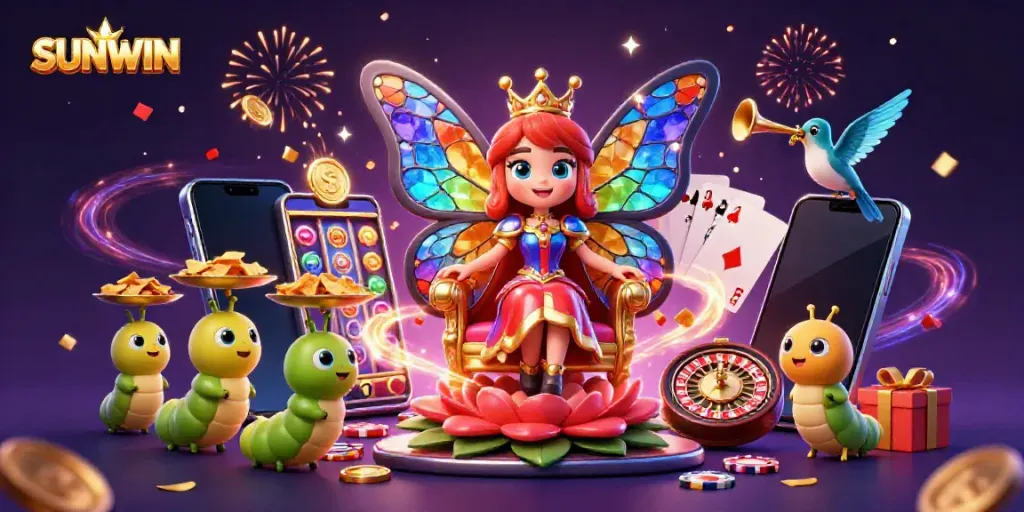 SUNWIN casino scene with a butterfly queen, chip-bearing caterpillars, and vibrant game elements.